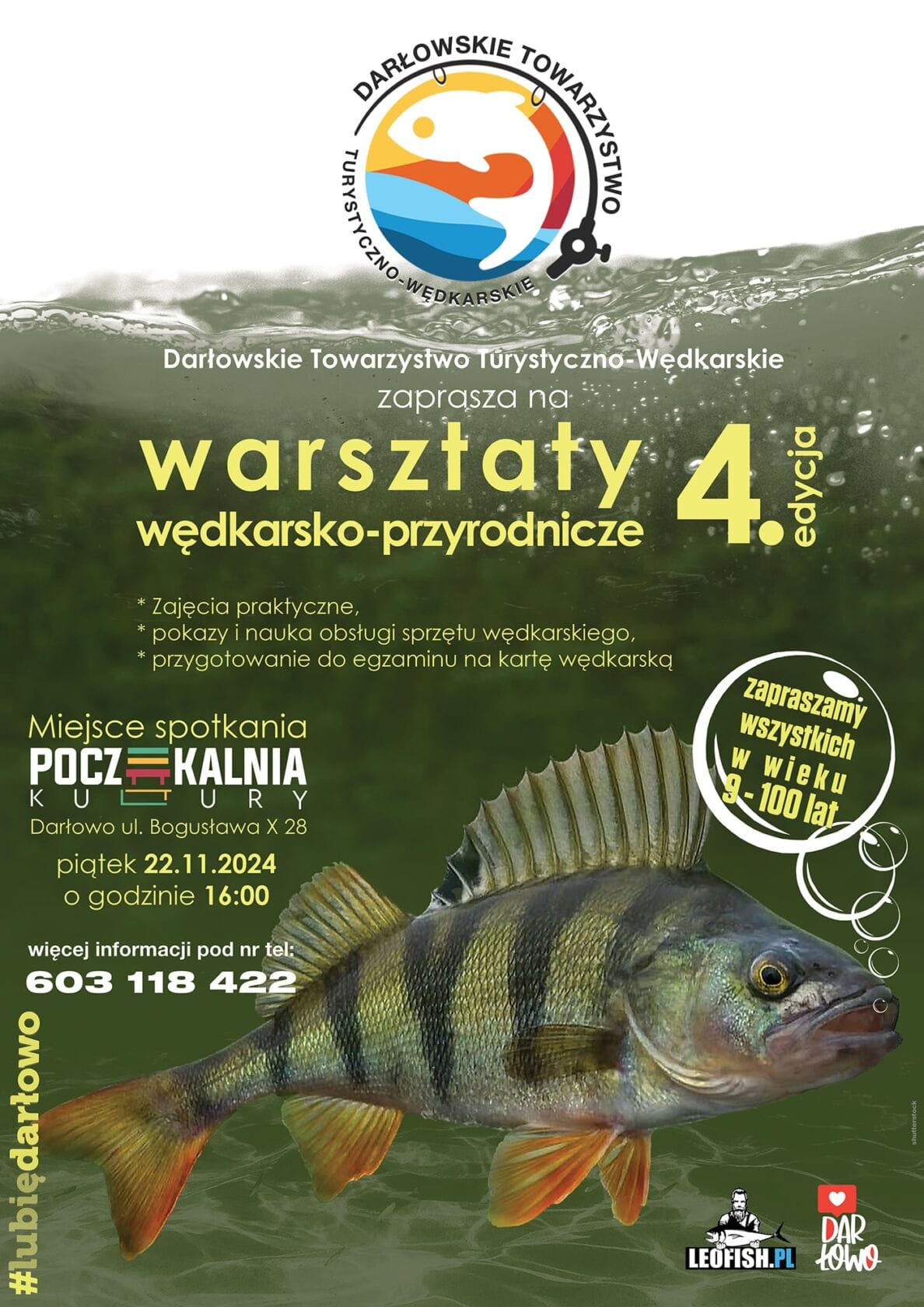 Plakat warsztatów wędkarsko-przyrodniczych, Darłowo, ryba, woda