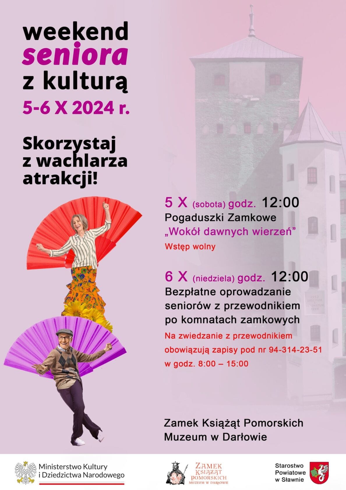 Plakat informacyjny weekendu seniora z kulturą, ilustracje osób z wachlarzami.