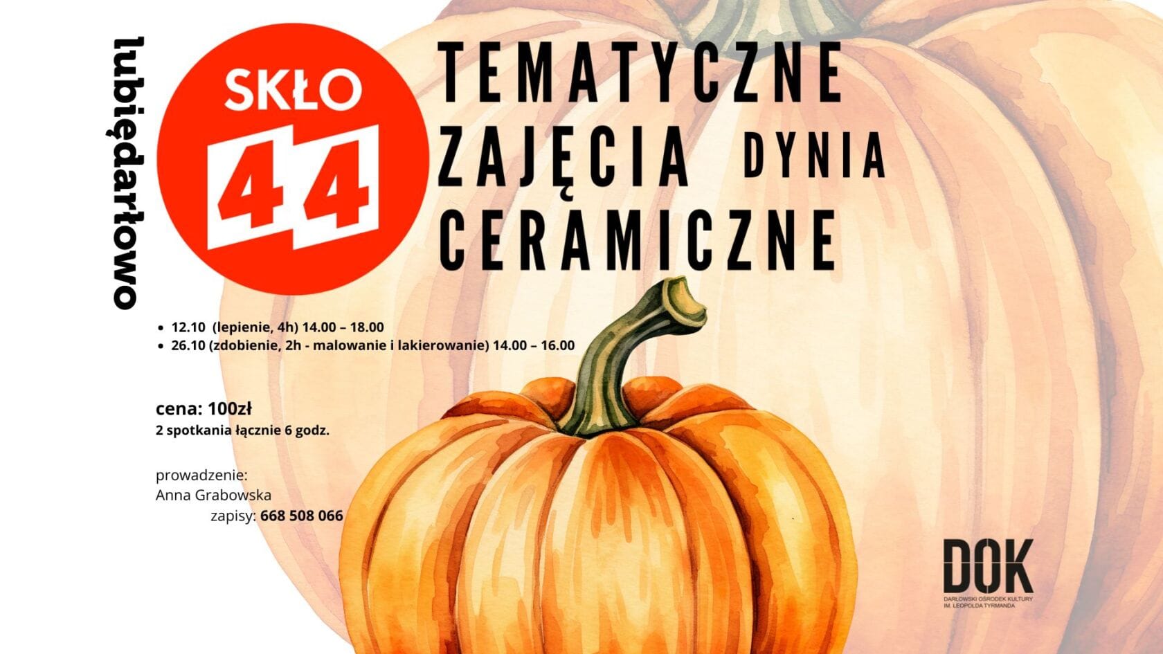 Plakat warsztatów ceramicznych z motywem dyni.