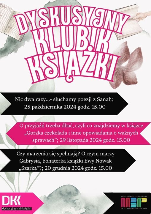 Plakat informacyjny Dyskusyjnego Klubu Książki z datami spotkań.