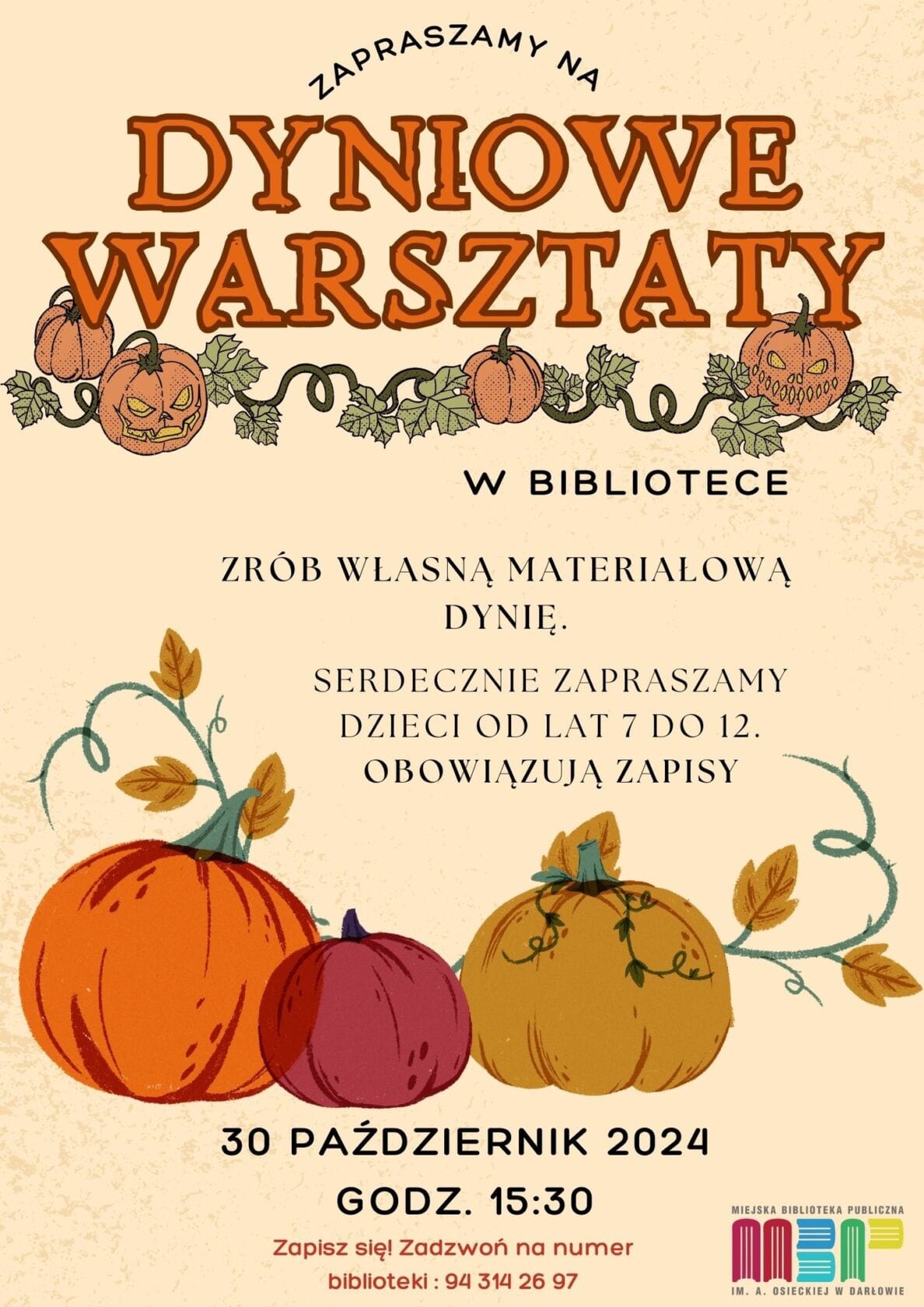 Plakat zapraszający na warsztaty z dyni w bibliotece.