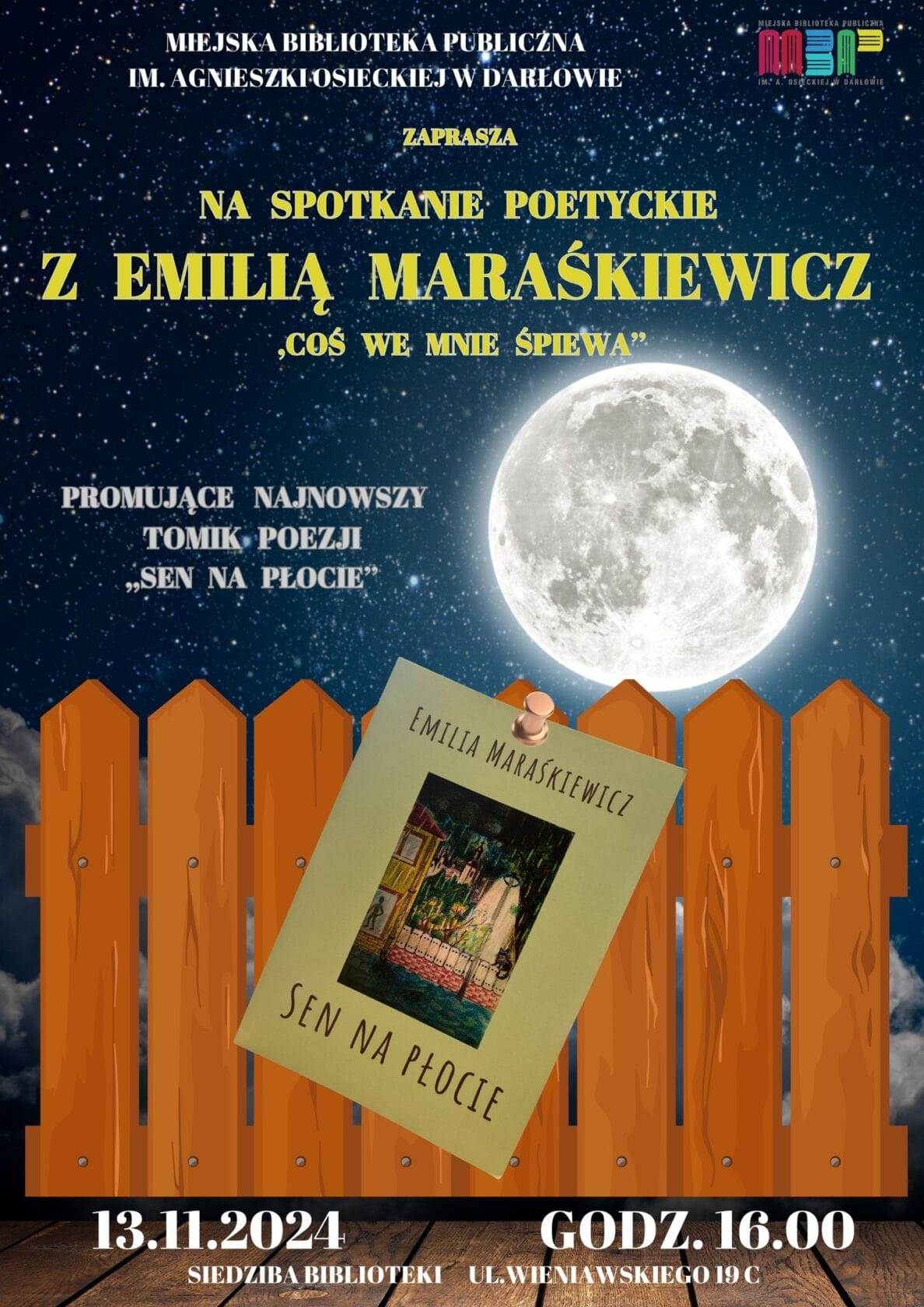 Plakat spotkania poetów z Emilia Maraskiewicz, 'Sen na plocie'.