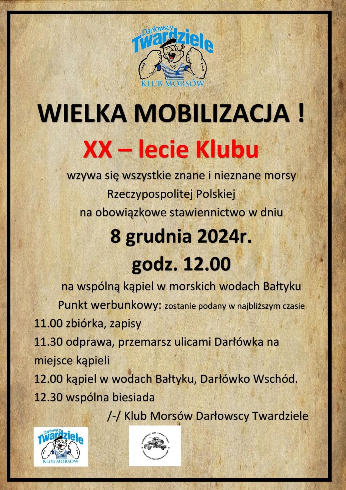 Plakat ogłaszający wydarzenie klubu morsów, Darłówko, 8 grudnia 2024