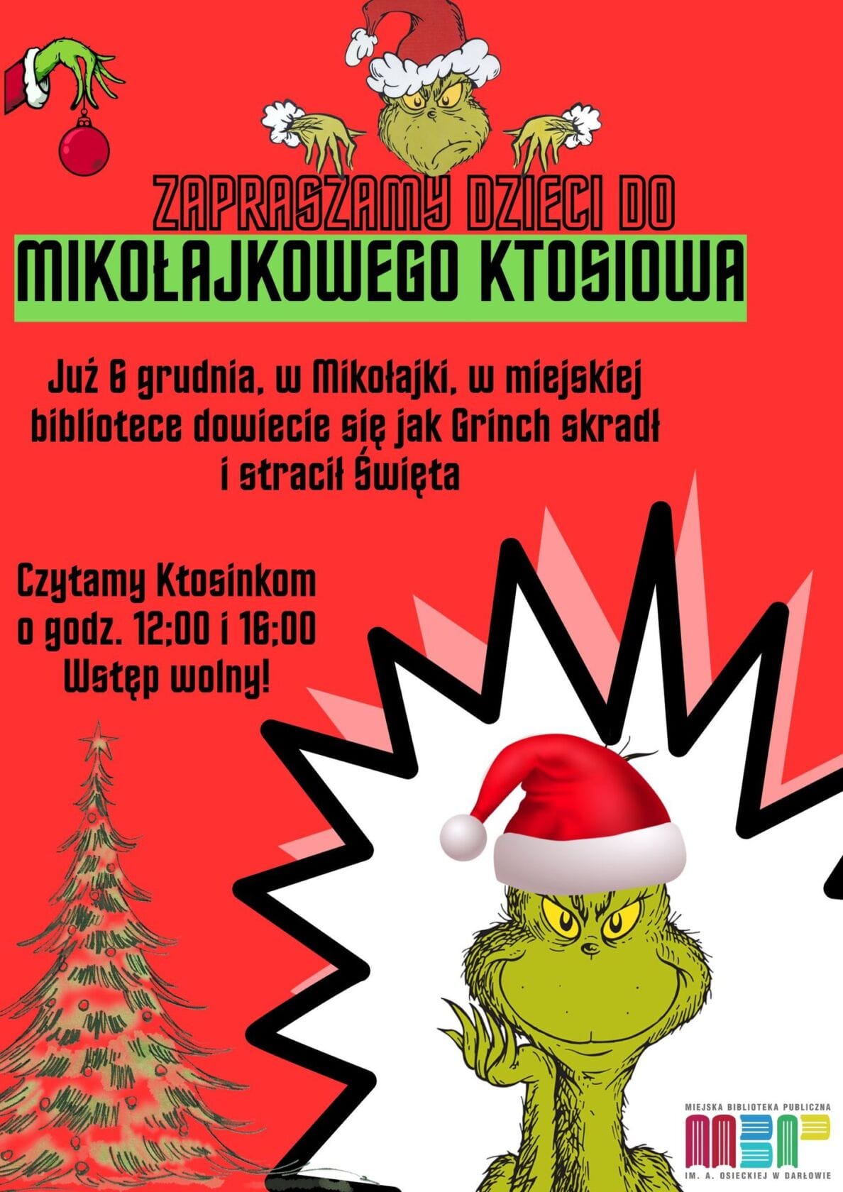 Plakat zapraszający na czytanie o Grinchu, Mikołajki, biblioteka