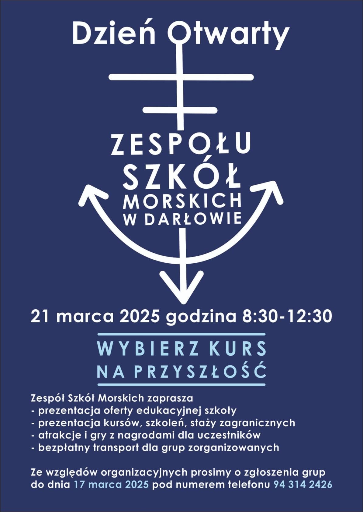 Plakat na Dzień Otwarty Zespołu Szkół Morskich w Darłowie