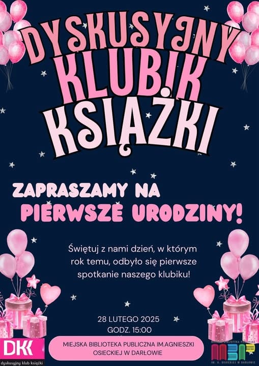 Plakat zapraszający na pierwsze urodziny klubu książki.