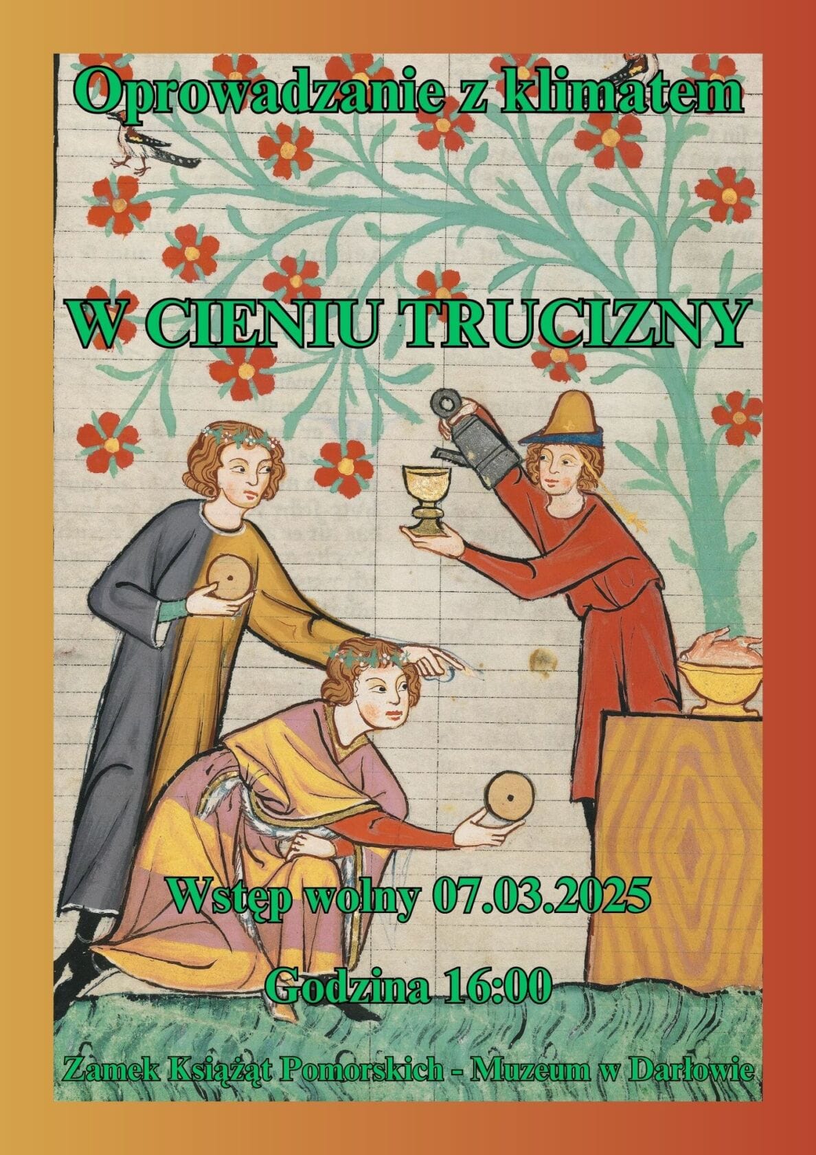 Plakat wydarzenia z ilustracją średniowieczną, napisy informacyjne.