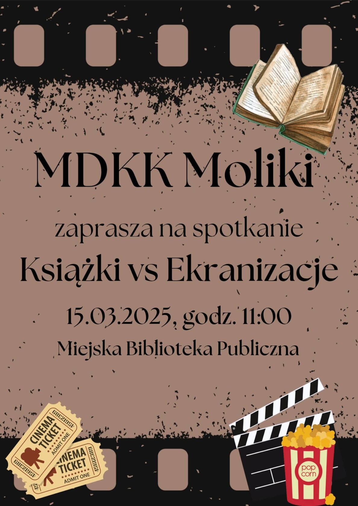 Plakat dyskusji książki i ekranizacji w bibliotece