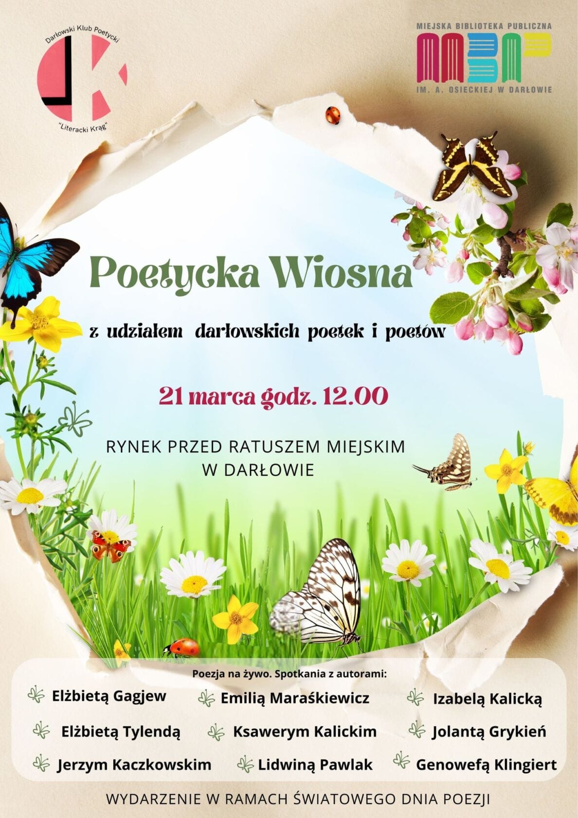 Plakat wydarzenia Poetycka Wiosna w Darłowie z kwiatami i motylami