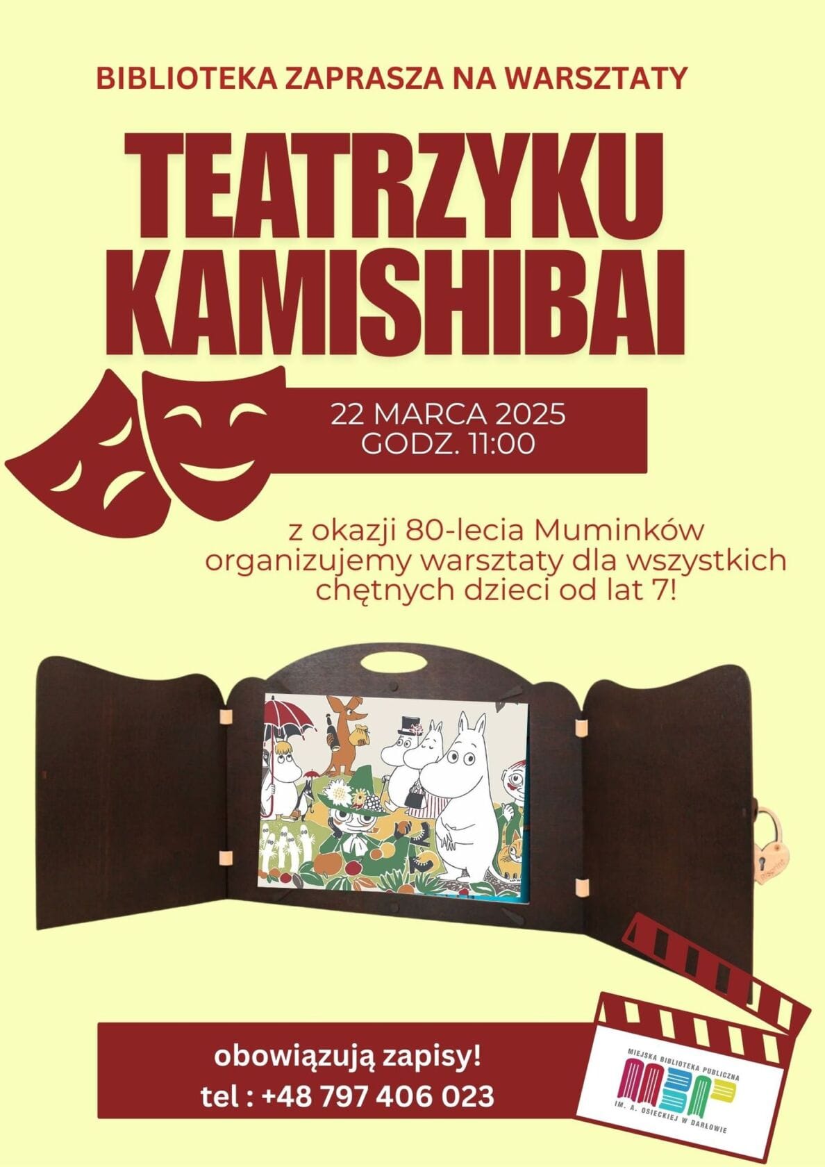 Plakat zapraszający na warsztaty teatru kamishibai z Muminkami