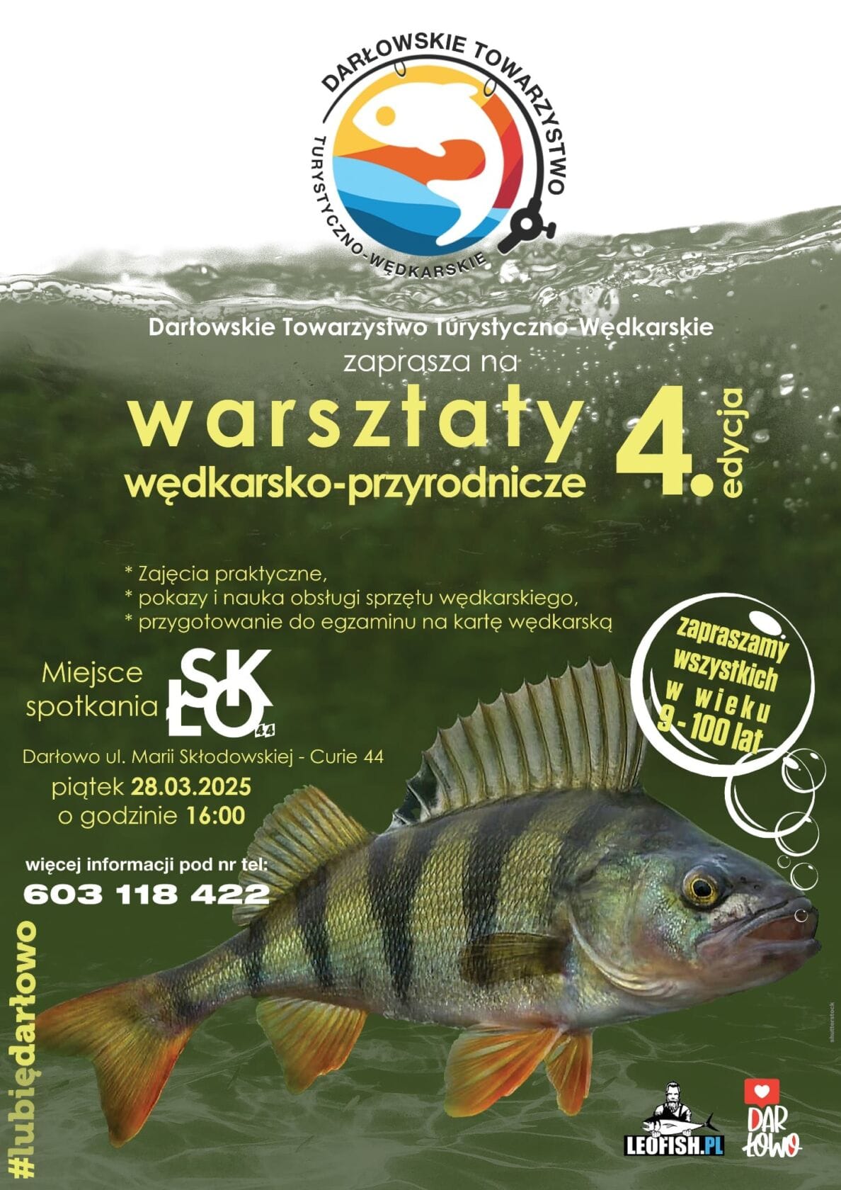 Plakat reklamujący warsztaty wędkarskie w Darłowie.