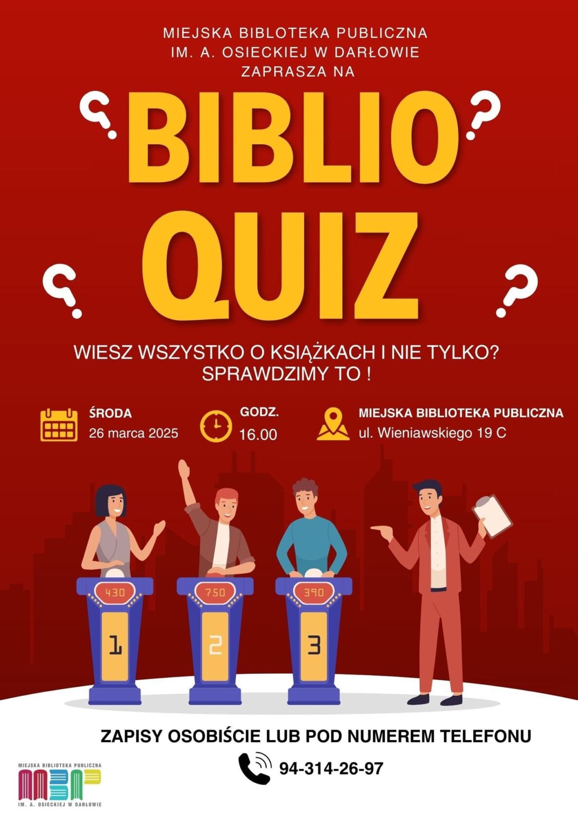 Plakat Biblioteka Publiczna, quiz książkowy, uczestnicy konkursu.