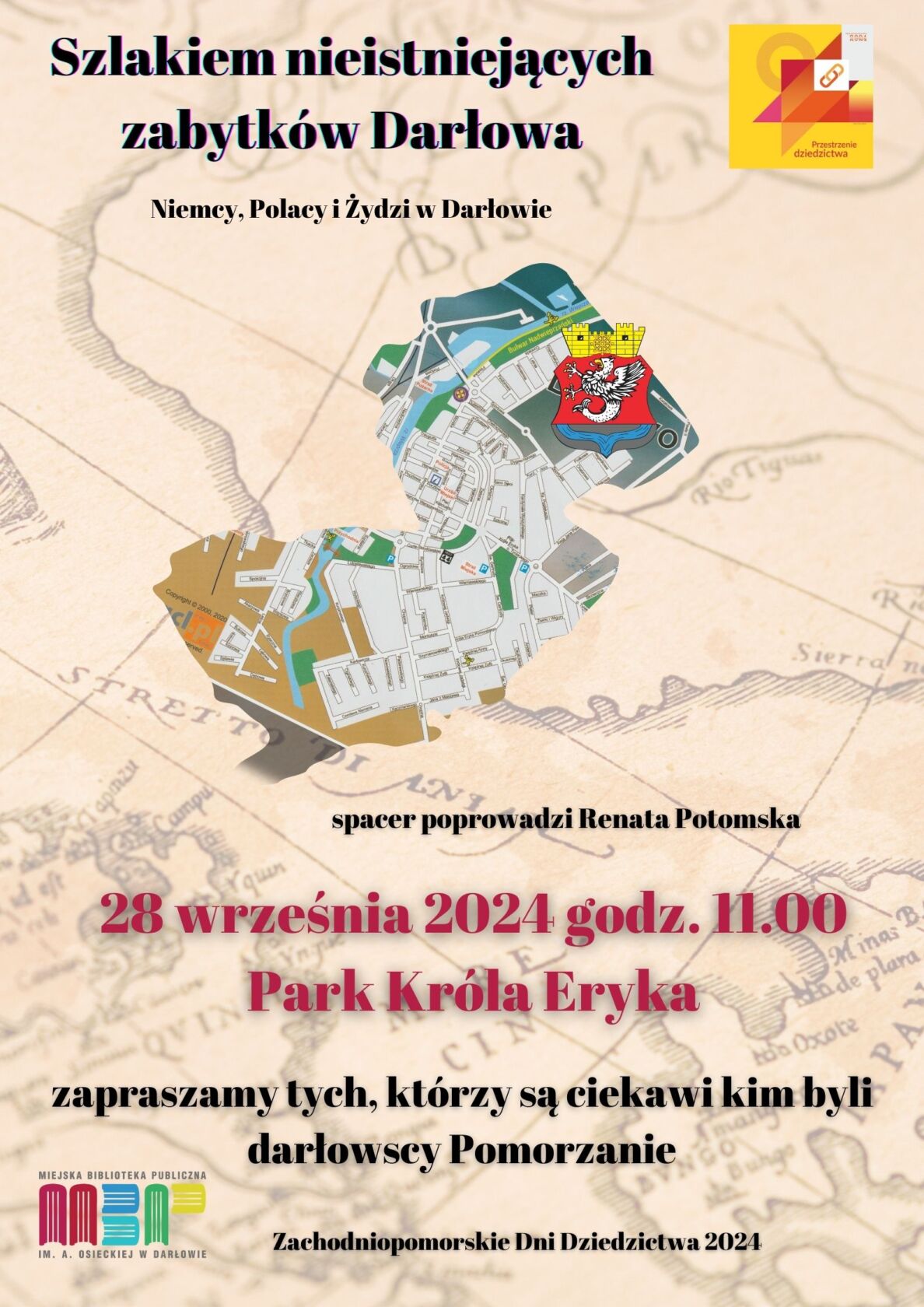 Plakat wydarzenia historycznego w Darłowie, spacer szlakiem zabytków.