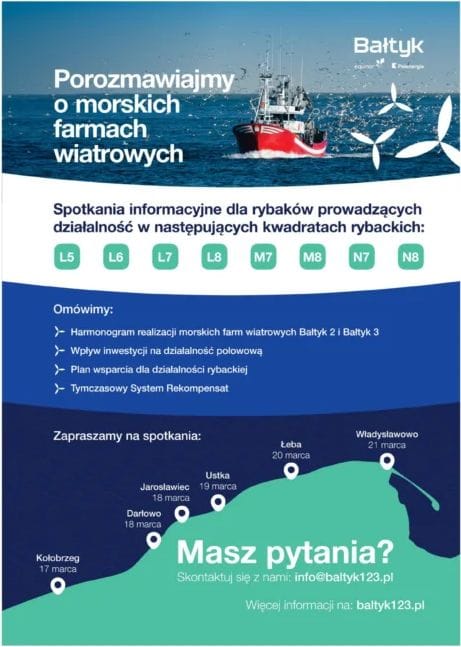 Plakat informacyjny o spotkaniach dla rybaków na Bałtyku