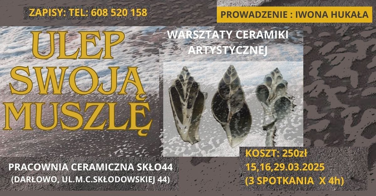 Plakat warsztatów ceramicznych z muszlami na plaży.