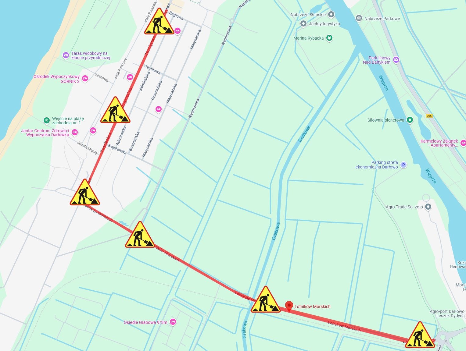 Mapa z oznaczeniami robót drogowych w Darłowie