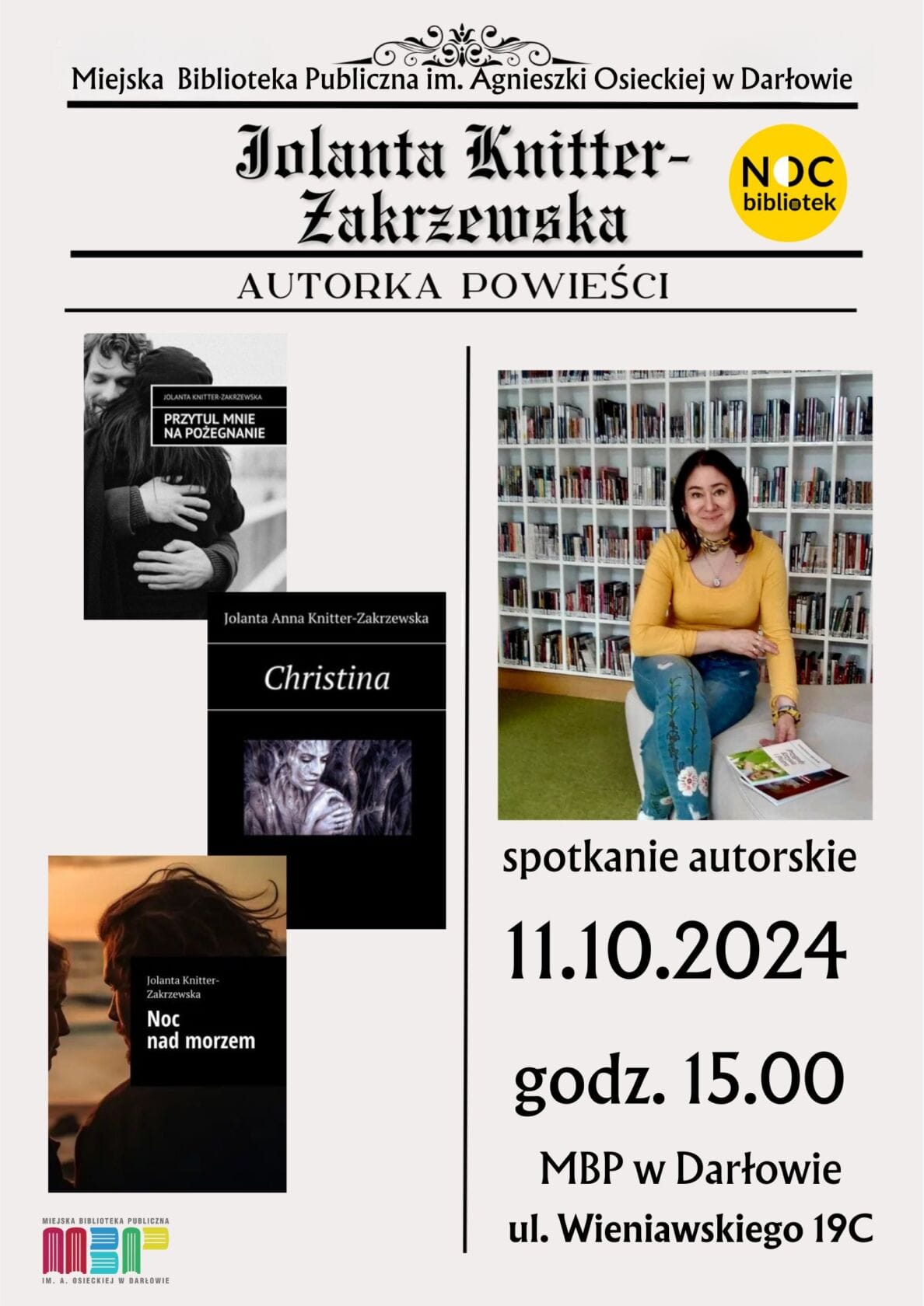 Plakat spotkania autorskiego z Jolantą Knitter-Zakrzewską w bibliotece