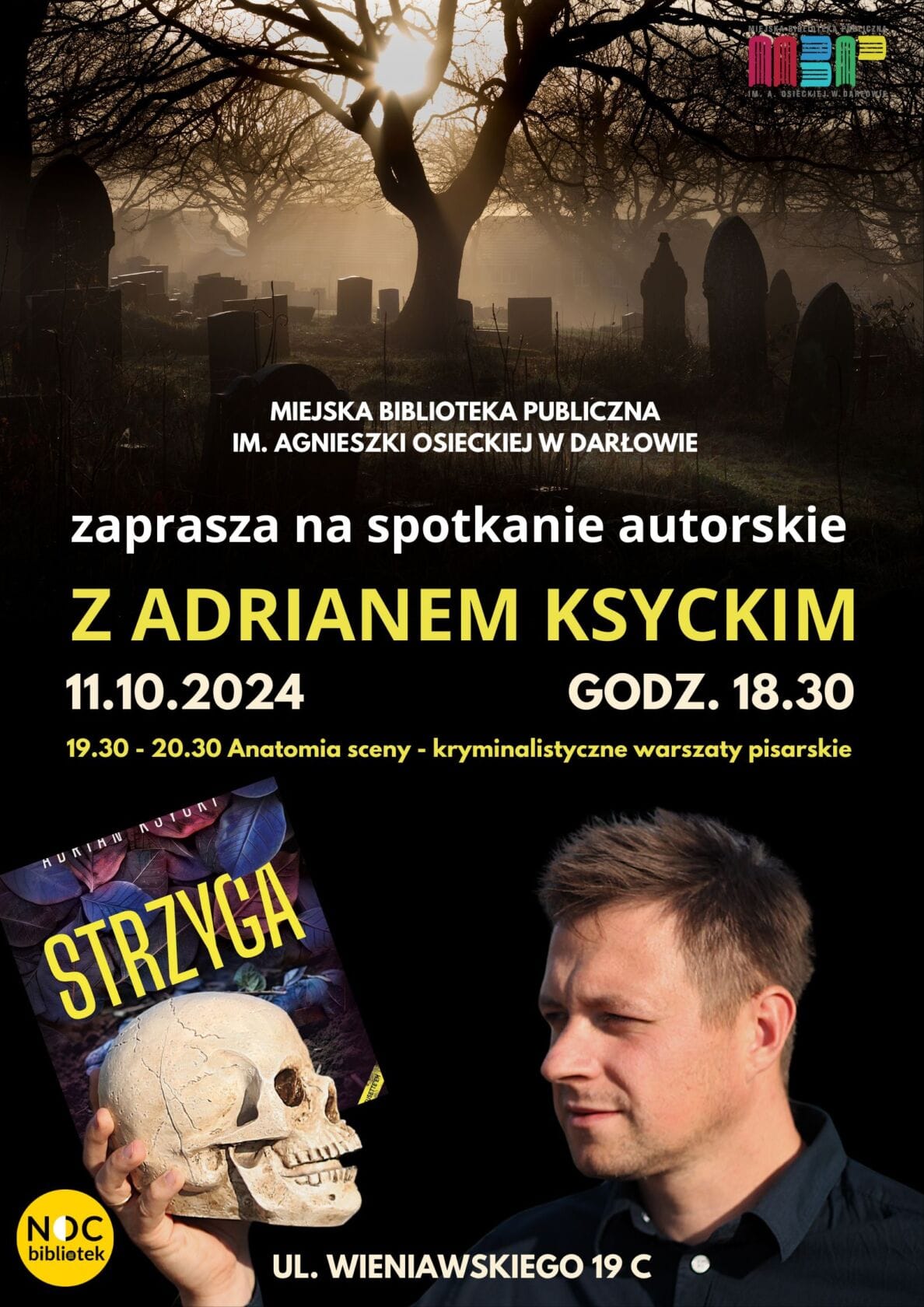 Plakat spotkania autorskiego z Adrianem Ksyckim, Darłowo.