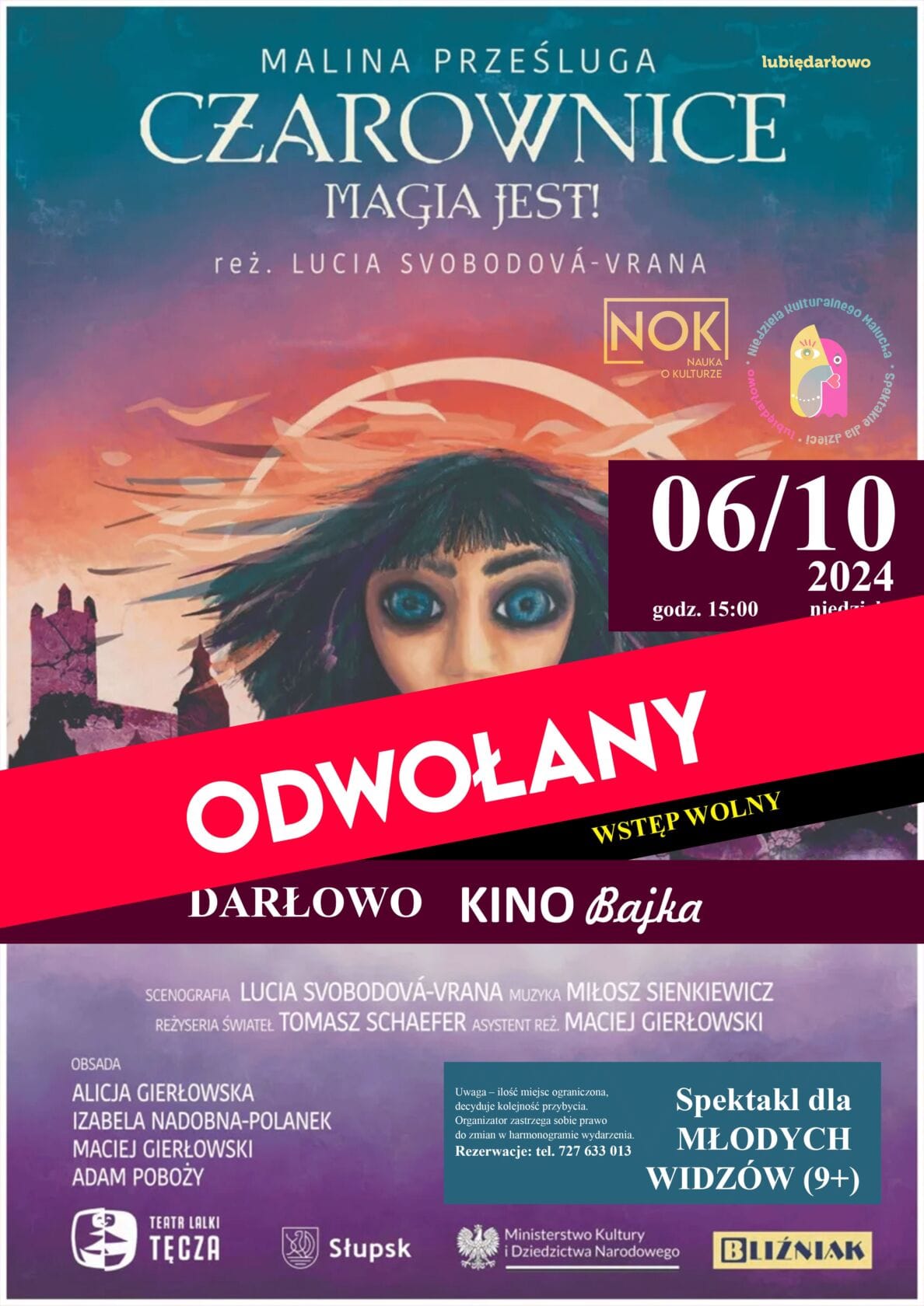 Plakat spektaklu 'Czarownice', odwołany, Darłowo, Kino Bałtyk.