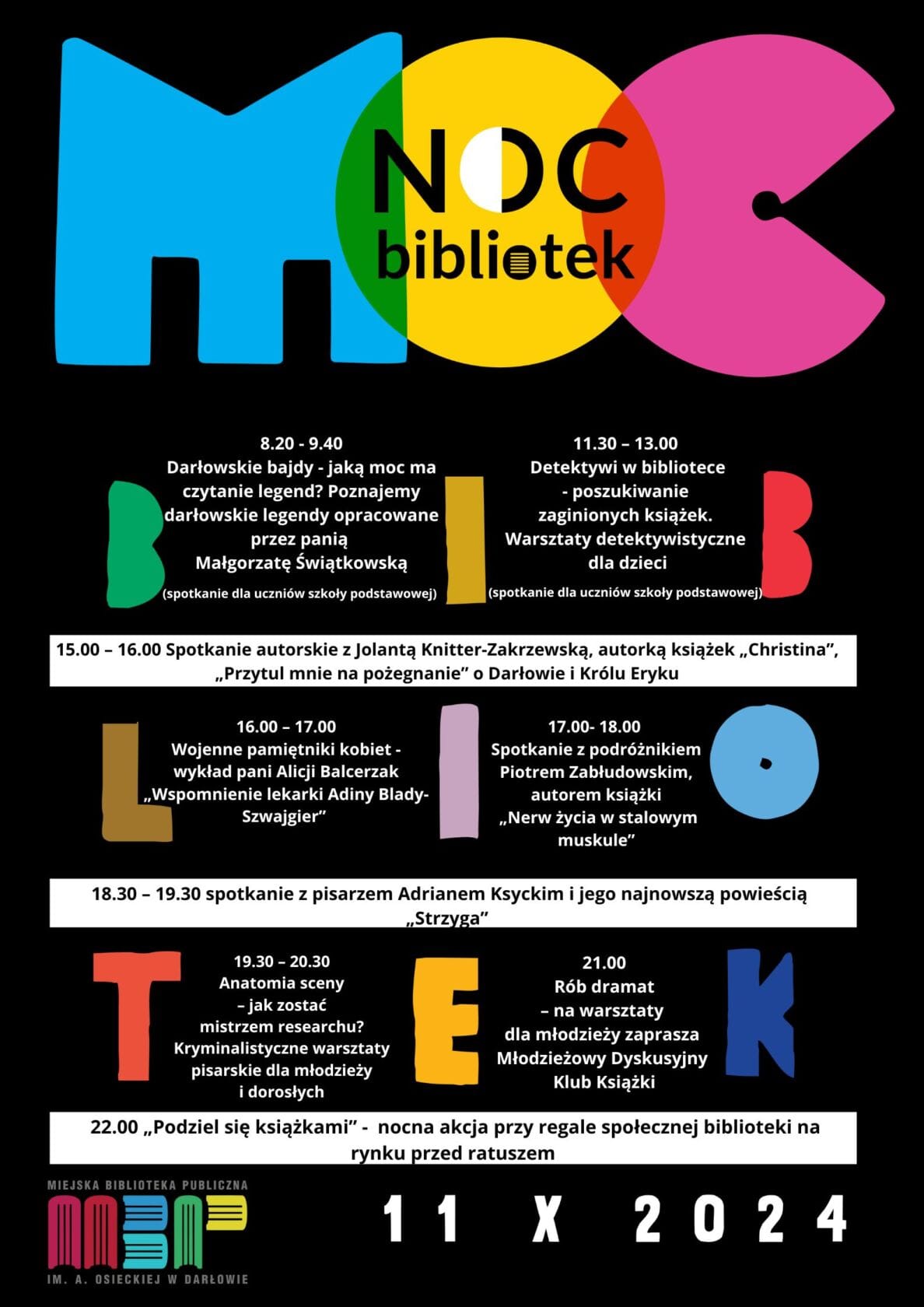 Plakat wydarzenia Noc Bibliotek w Darłowie, program spotkań.