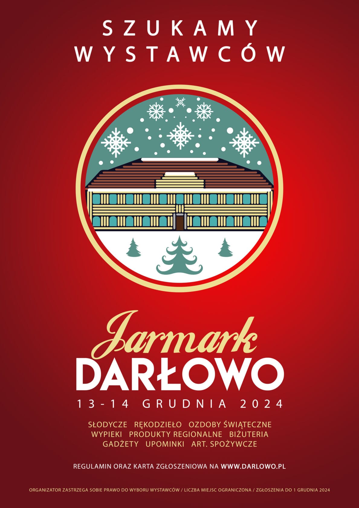 Plakat zapowiadający Jarmark w Darłowie, świąteczne stoiska, 2024