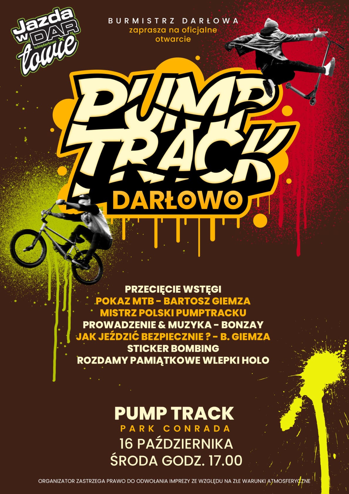 Plakat otwarcia Pump Track Darłowo z atrakcjami