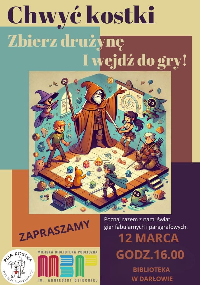 Plakat gry RPG z postaciami i kośćmi do gry.