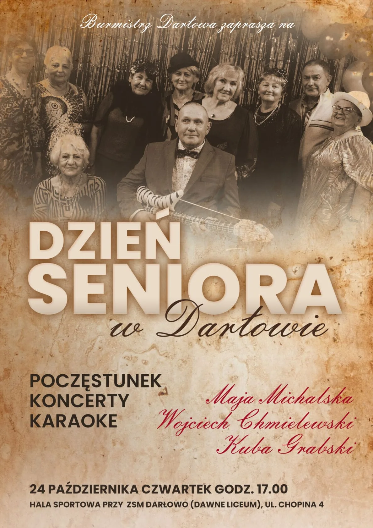 Plakat promujący Dzień Seniora w Dąrtowie z grupą seniorów.