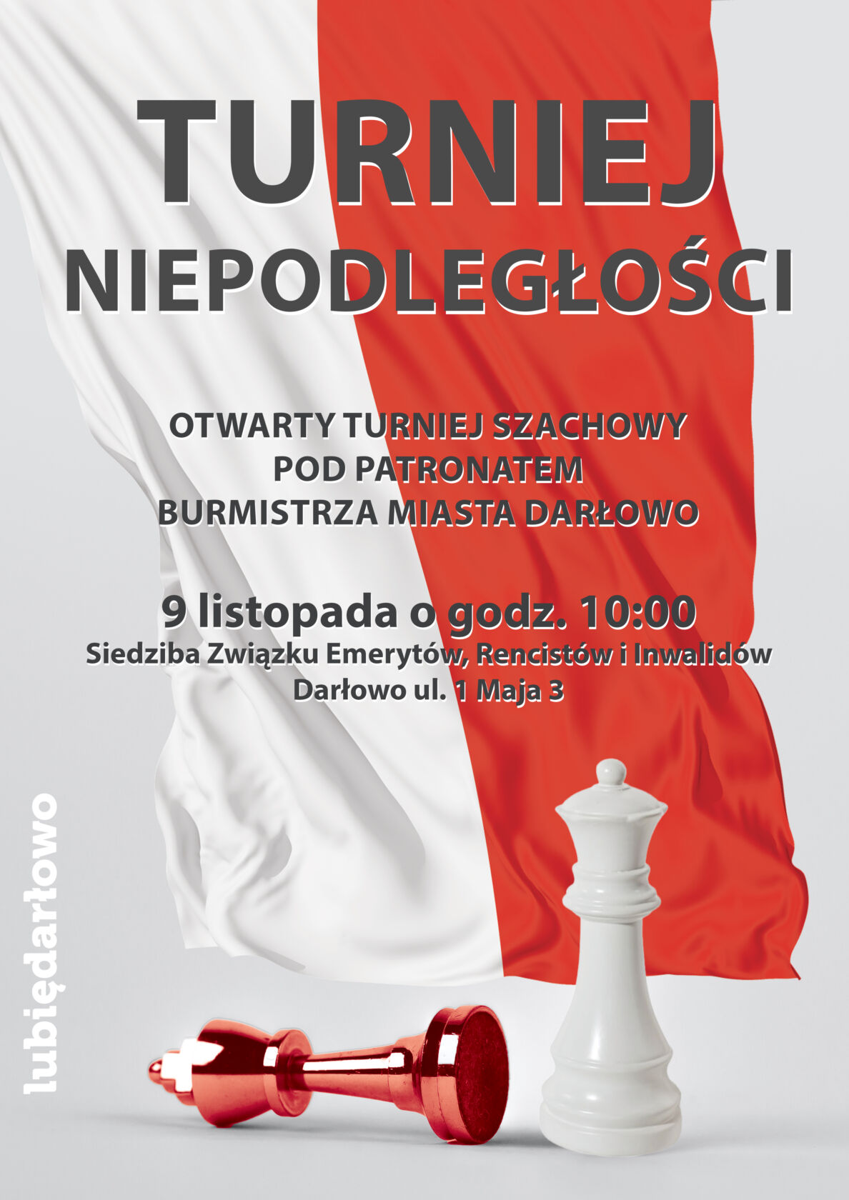 Plakat turnieju szachowego w Darłowie, biało-czerwone tło