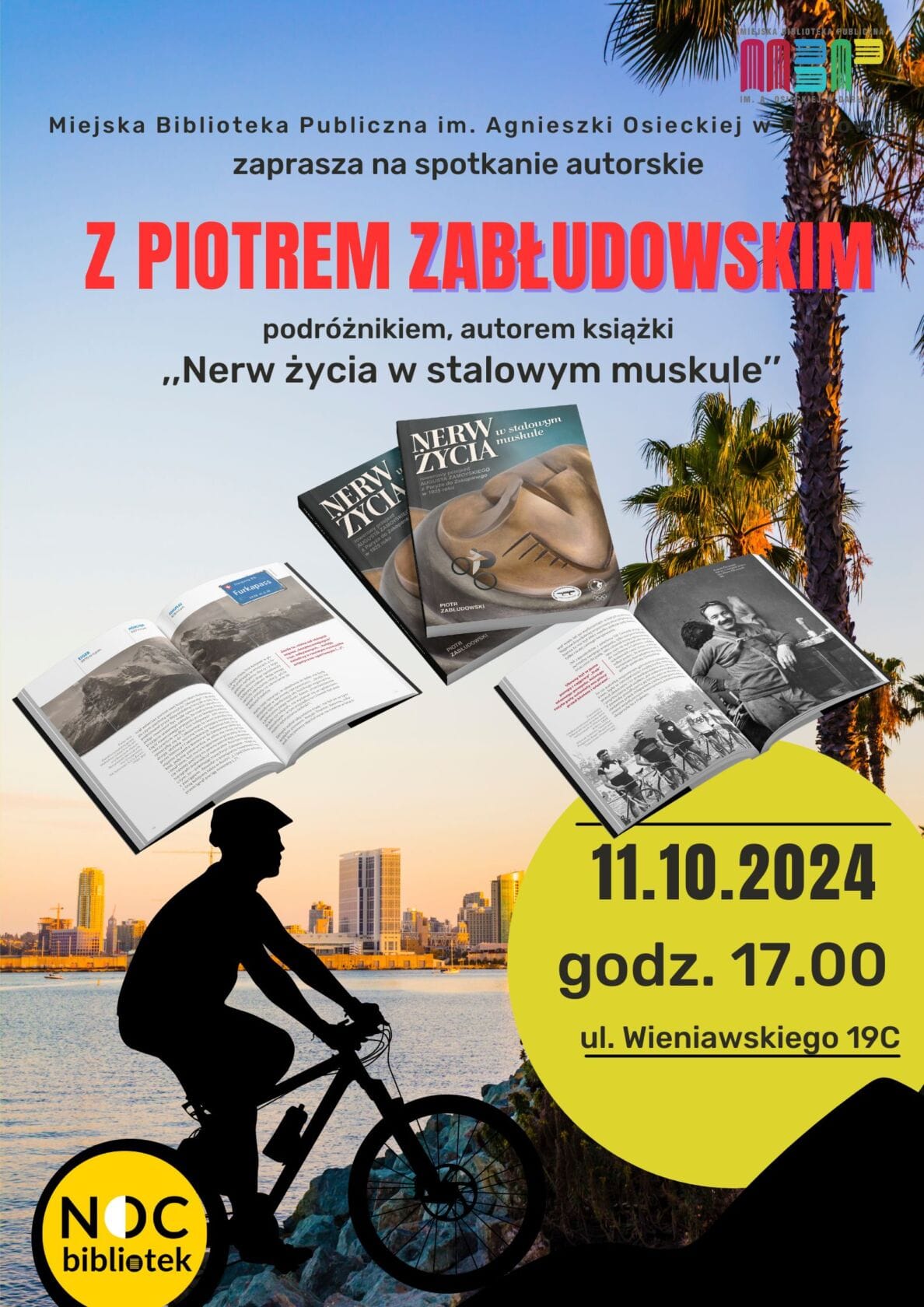 Plakat wydarzenia z cyklistą i książkami, Miejska Biblioteka